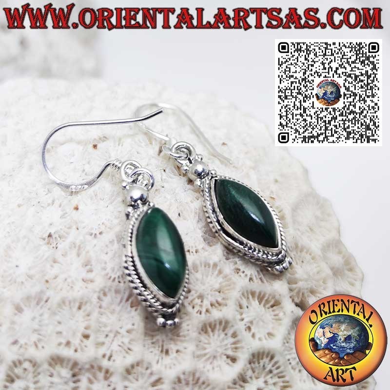 Silver earrings with malachite shuttle and braided edge