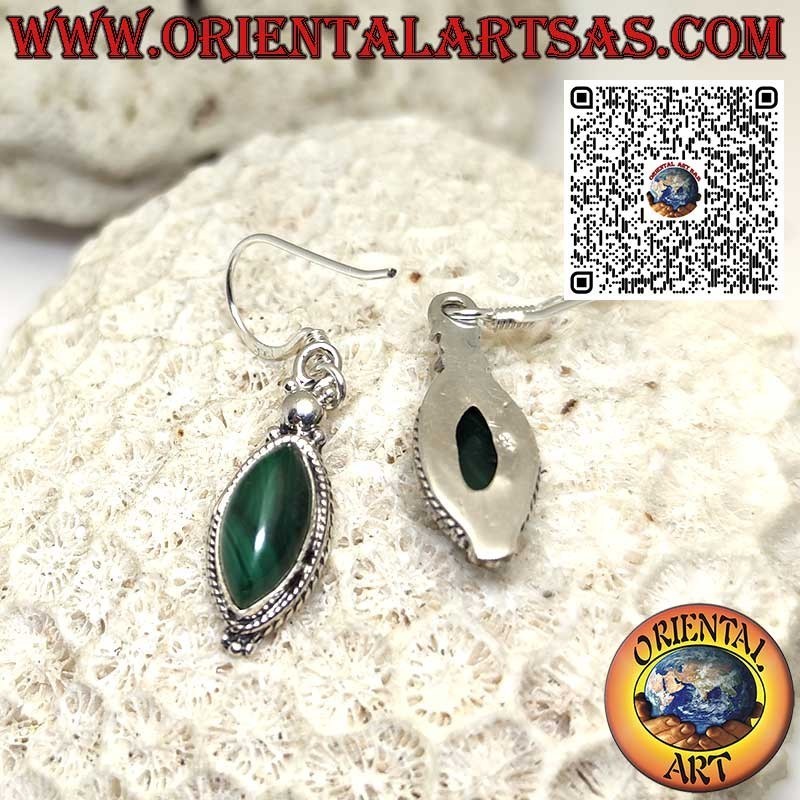 Orecchini in argento con malachite a navetta e  bordo con treccia