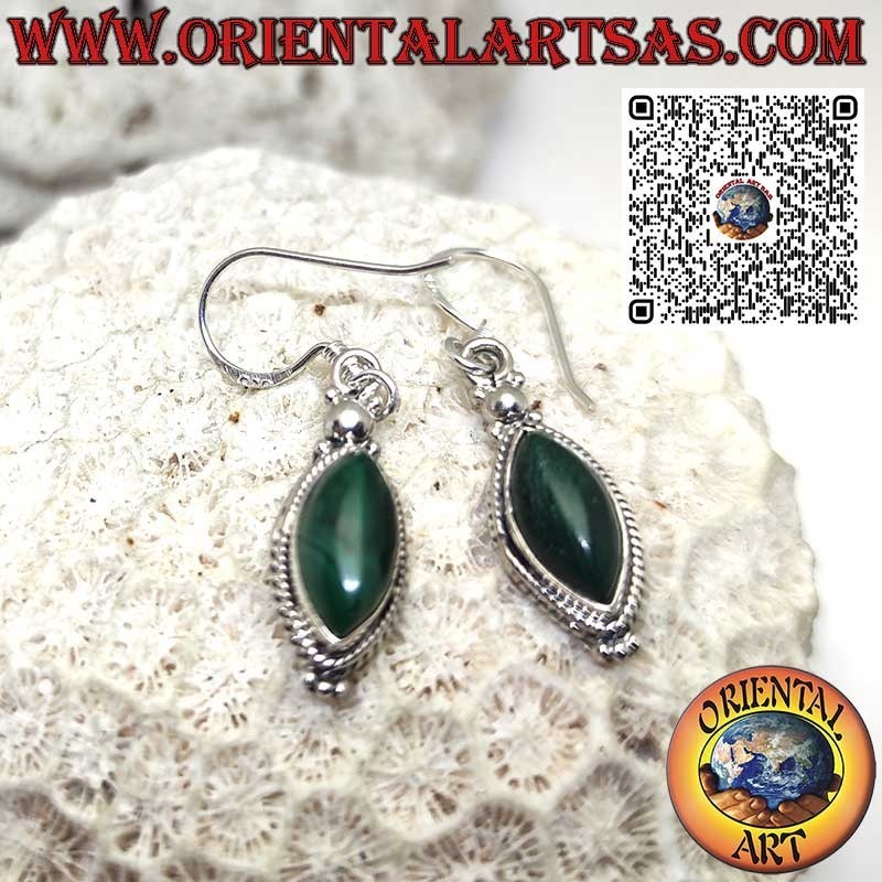 Silver earrings with malachite shuttle and braided edge