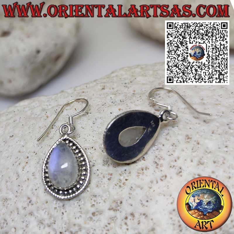 Silver earrings with drop moonstone surrounded by balls