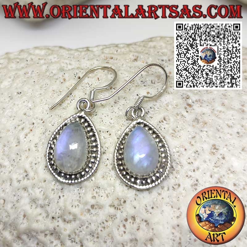 Boucles d'oreilles en argent avec pierre de lune en goutte entourée de boules