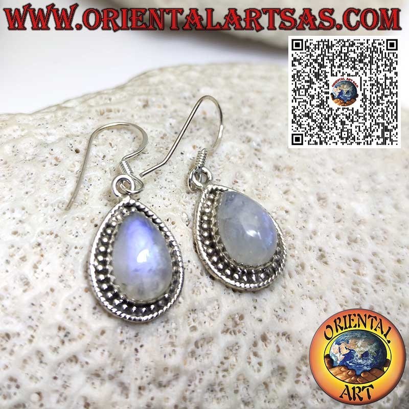 Boucles d'oreilles en argent avec pierre de lune en goutte entourée de boules