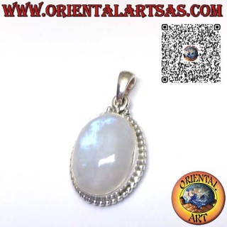 Pendentif en argent avec pierre de lune arc-en-ciel ovale entourée de sphères