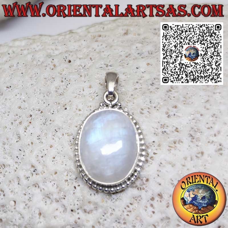 Pendentif en argent avec pierre de lune arc-en-ciel ovale avec sphères