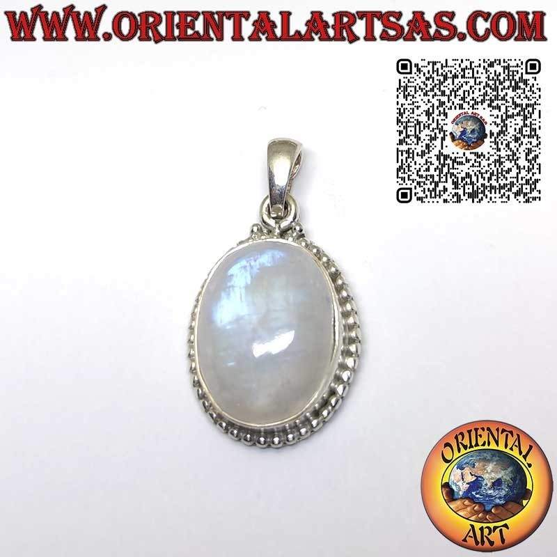 Silver pendant with oval rainbow moonstone with spheres