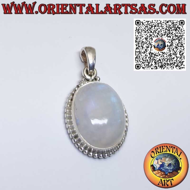 Colgante de plata con piedra de luna arcoíris ovalada con esferas