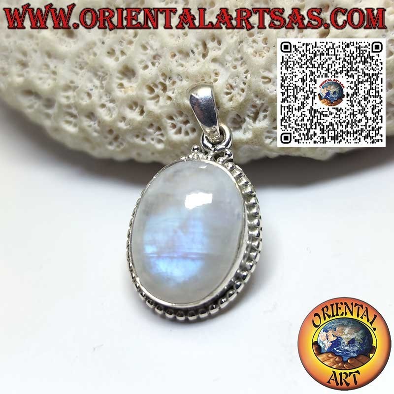 Pendentif en argent avec pierre de lune arc-en-ciel ovale avec sphères