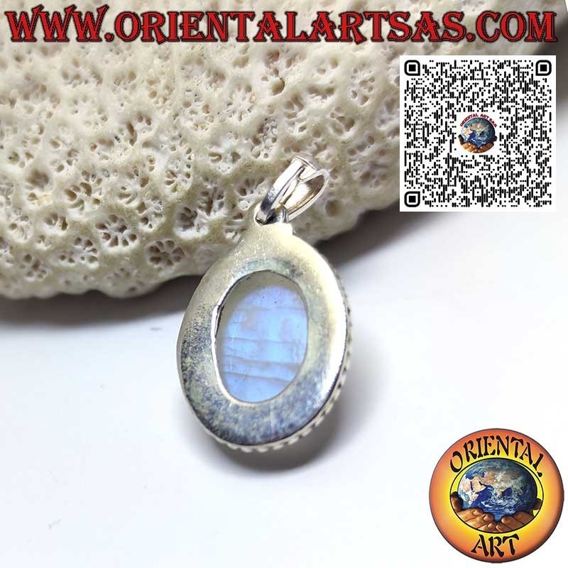 Pendentif en argent avec pierre de lune arc-en-ciel ovale avec sphères
