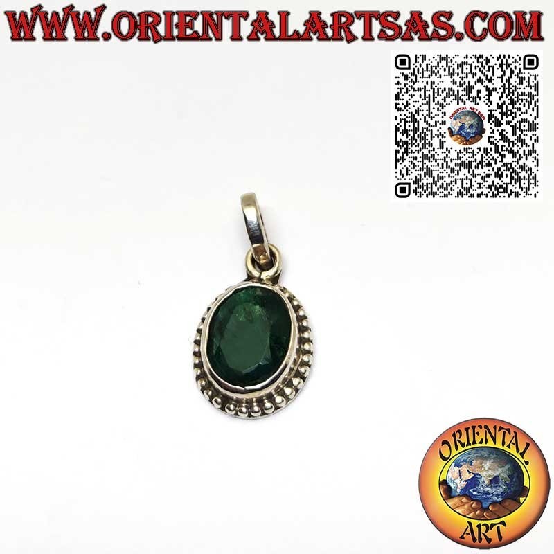 Silver pendant with oval natural emerald surrounded by dots
