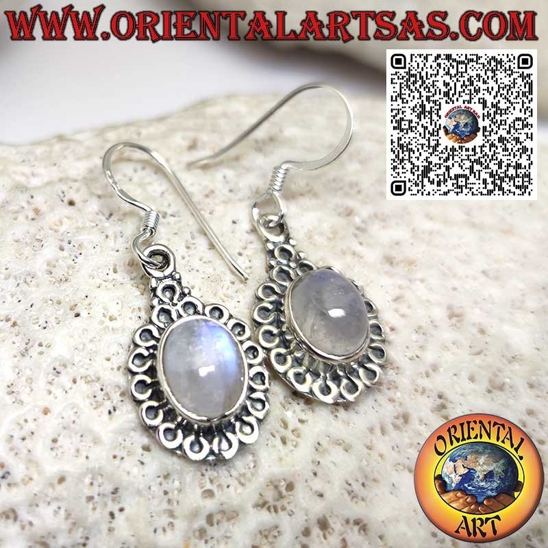 Silver earrings with oval moonstone surrounded by circles