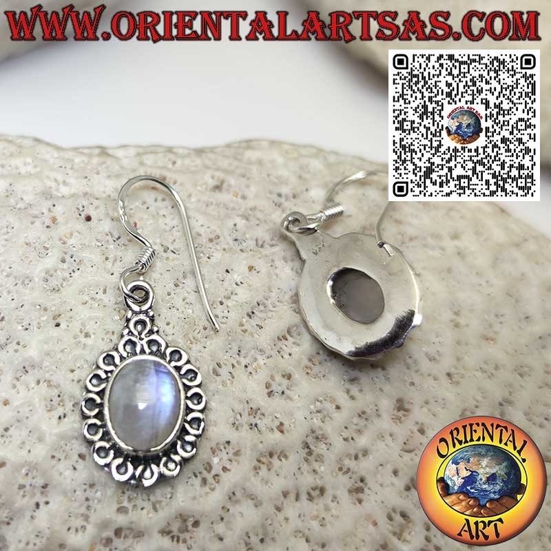 Silver earrings with oval moonstone surrounded by circles