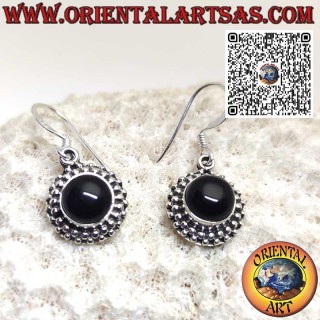 Silver earrings with round onyx surrounded by two rows of spheres