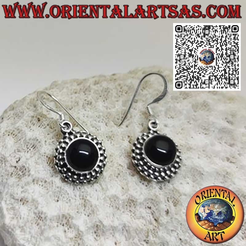 Silver earrings with round onyx surrounded by two rows of spheres