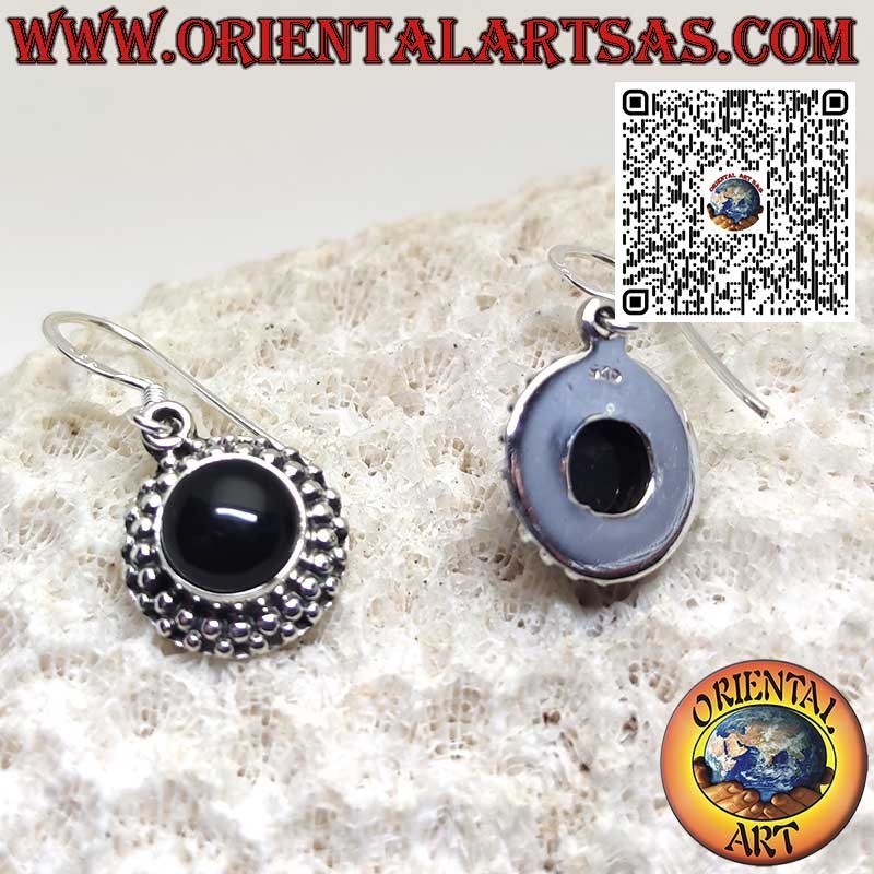 Silver earrings with round onyx surrounded by two rows of spheres