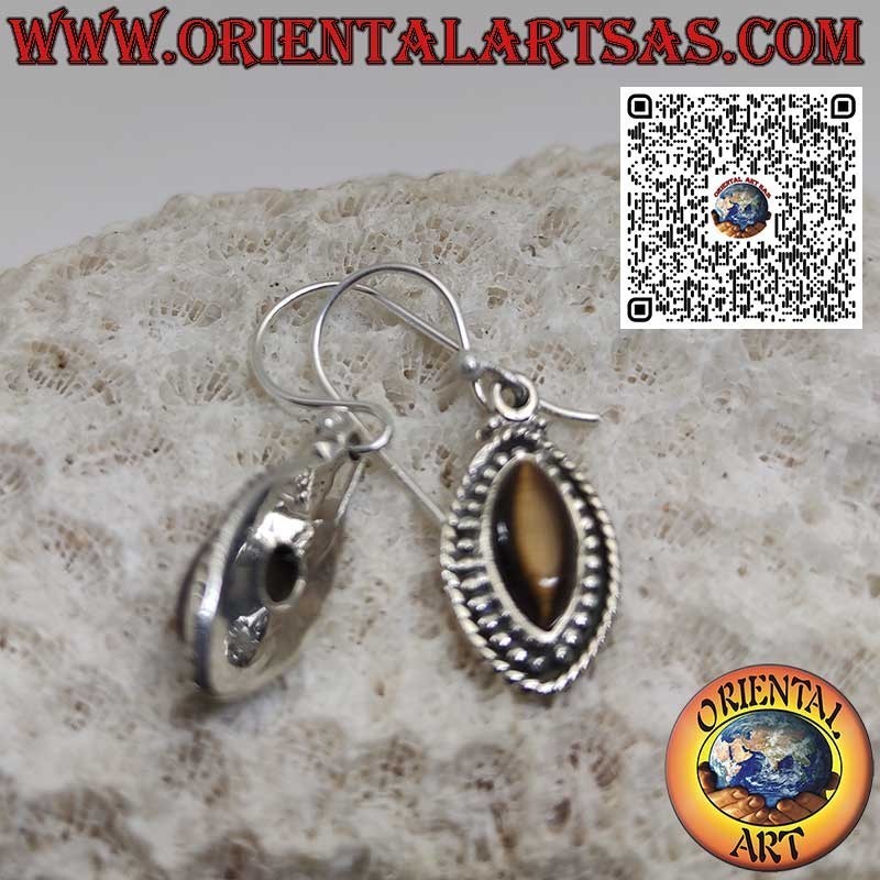 Boucles d'oreilles navette en argent avec oeil de tigre entouré de sphères