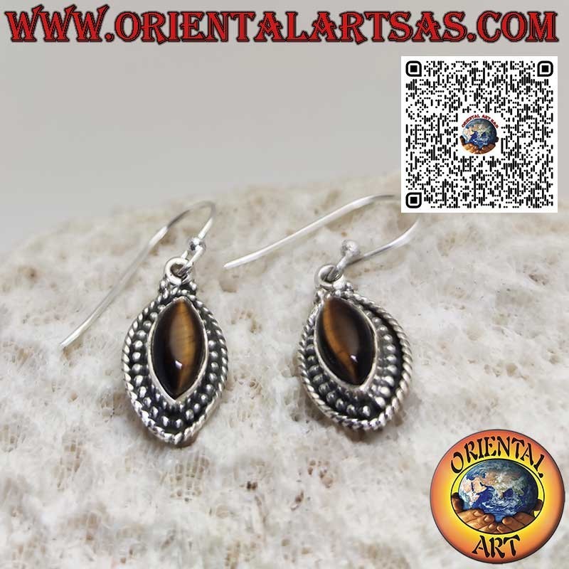 Boucles d'oreilles navette en argent avec oeil de tigre entouré de sphères