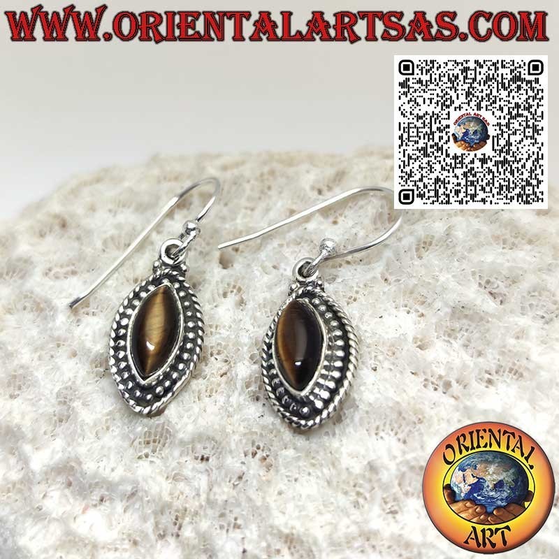 Silver shuttle earrings with tiger eye surrounded by spheres