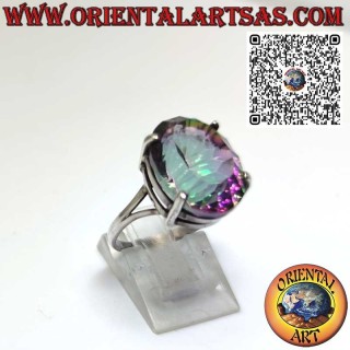 Silver ring with oval faceted aura quartz set with clips