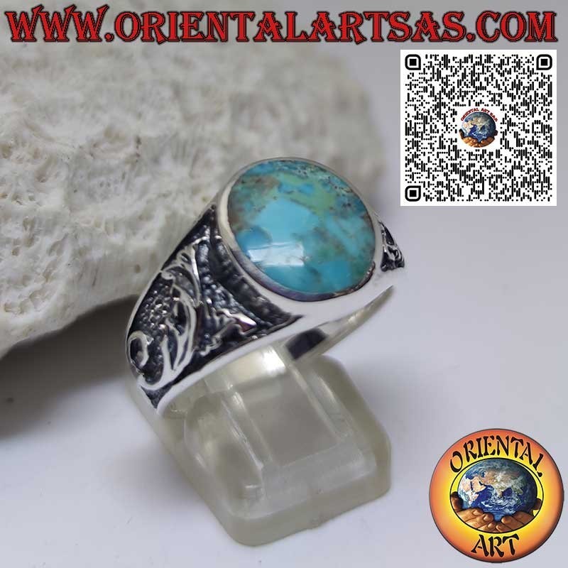 Bague en argent avec turquoise naturelle ovale d'Arizona et décor floral (22)