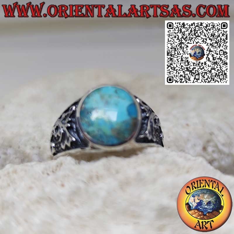 Bague en argent avec turquoise naturelle ovale d'Arizona et décor floral (22)