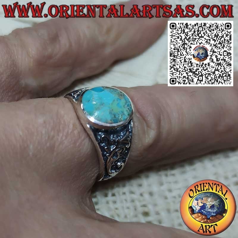 Anello in argento con turchese naturale dell'Arizona ovale e decoro floreale (22)