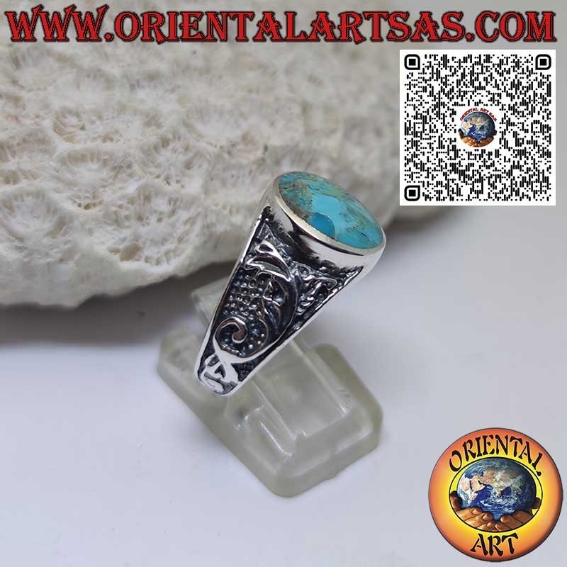 Silver ring with oval natural Arizona turquoise and floral decoration (22)