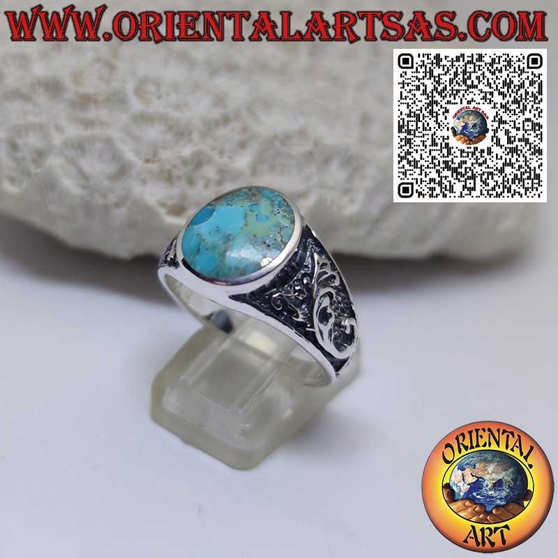 Bague en argent avec turquoise naturelle ovale d'Arizona et décor floral (22)