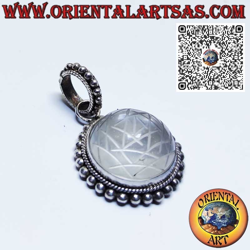 Colgante de plata con Sri Yantra grabado en cristal de roca 20mm.Ø