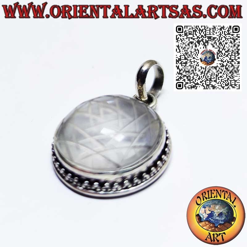 Colgante de plata con Sri Yantra grabado en cristal de roca 18mm.Ø