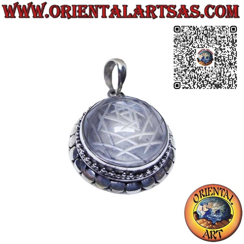 Silver pendant, Sri Yantra engraved in rock crystal with studded edge
