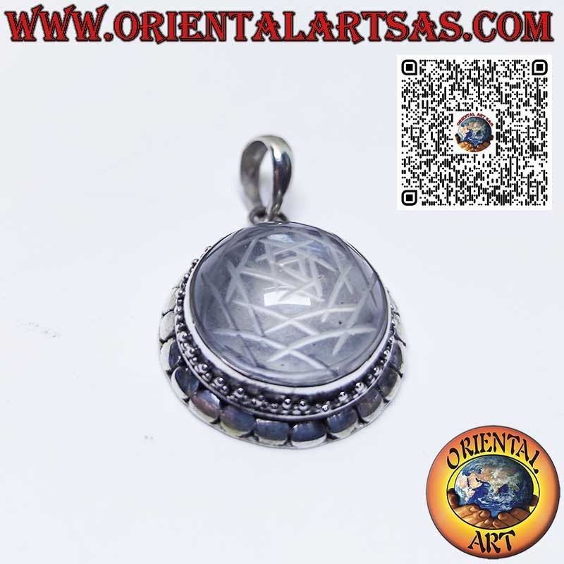 Silver pendant, Sri Yantra engraved in rock crystal with studded edge
