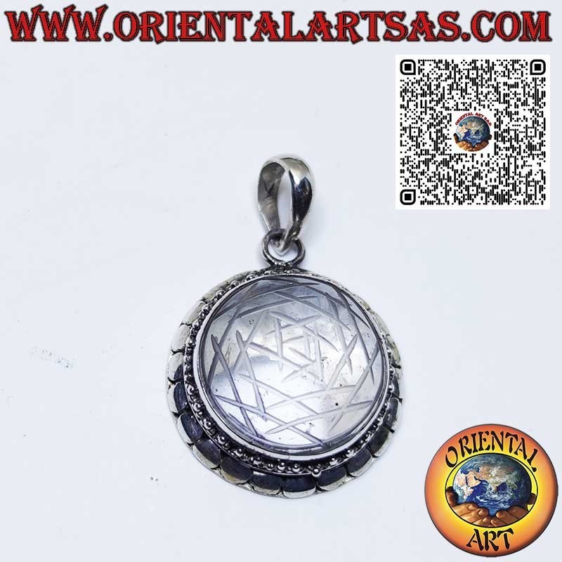 Silver pendant, Sri Yantra engraved in rock crystal with studded edge