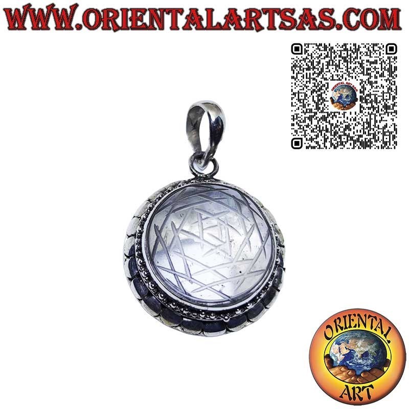 Silver pendant, Sri Yantra engraved in rock crystal with studded edge