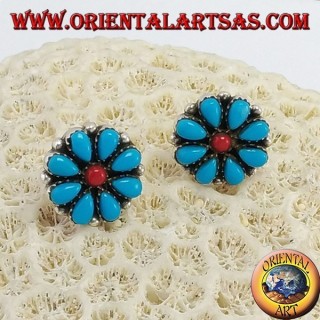 Boucles d'oreilles argent lobe, pétales de marguerite en turquoise et le corail central