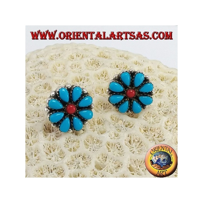 Boucles d'oreilles argent lobe, pétales de marguerite en turquoise et le corail central