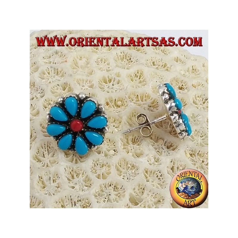 Silver lobed earrings, petal in turquoise and central coral petals