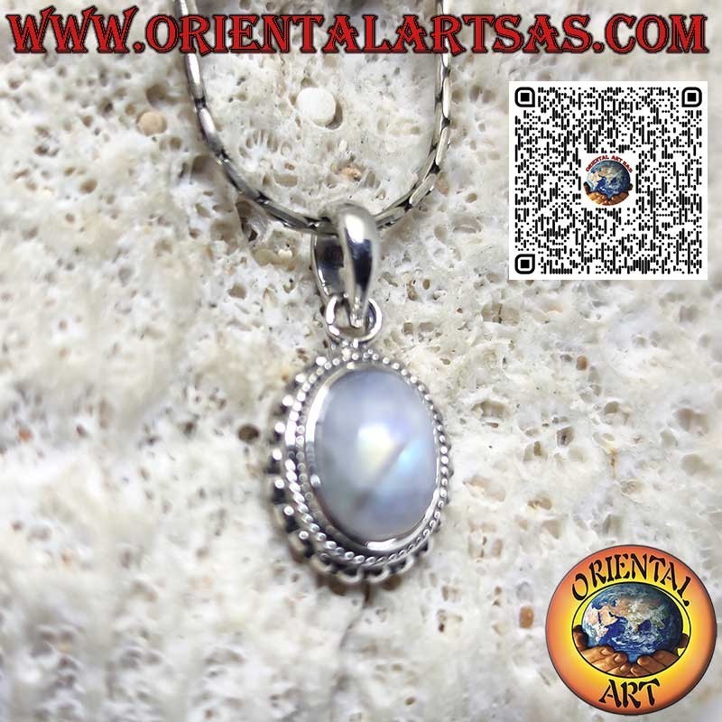 Pendentif en argent avec pierre de lune arc-en-ciel ovale ornée de sphères