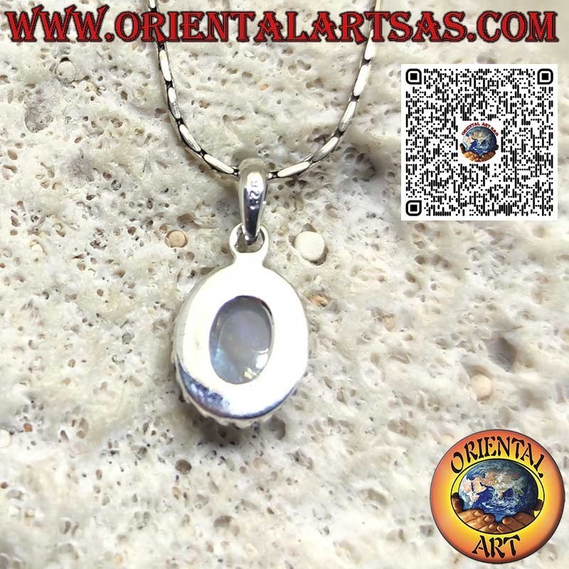Ciondolo in argento con pietra di luna arcobaleno ovale con sfere
