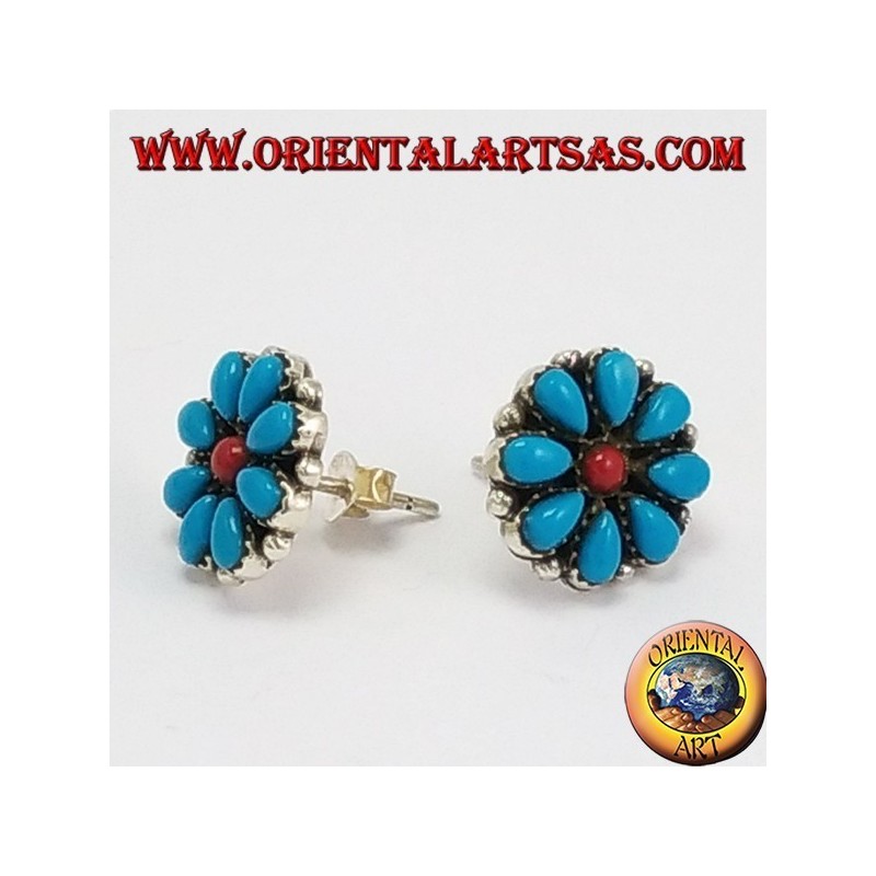 Boucles d'oreilles argent lobe, pétales de marguerite en turquoise et le corail central