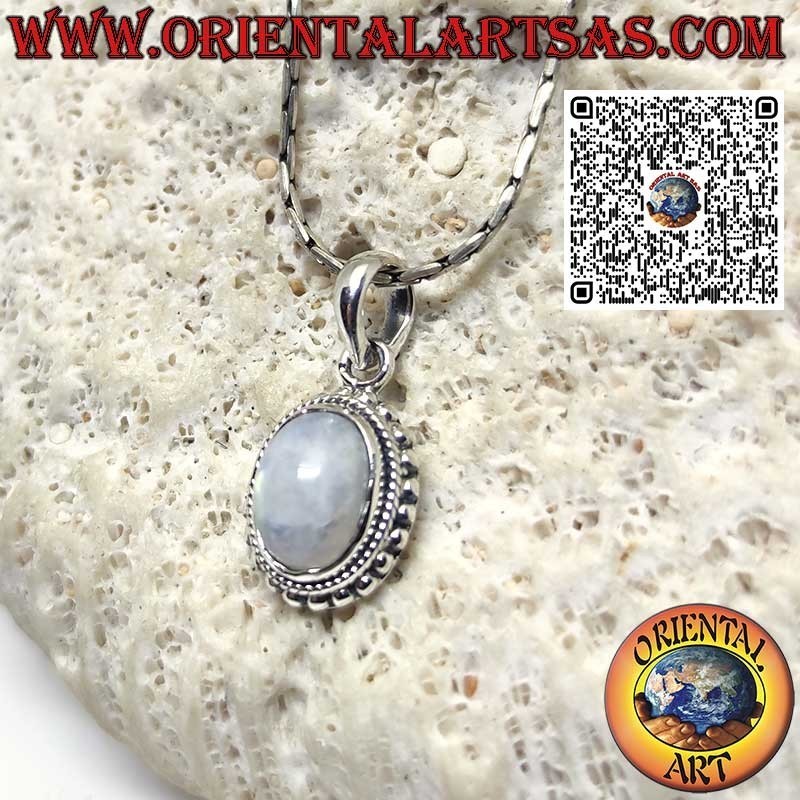 Silver pendant with oval rainbow moonstone with spheres