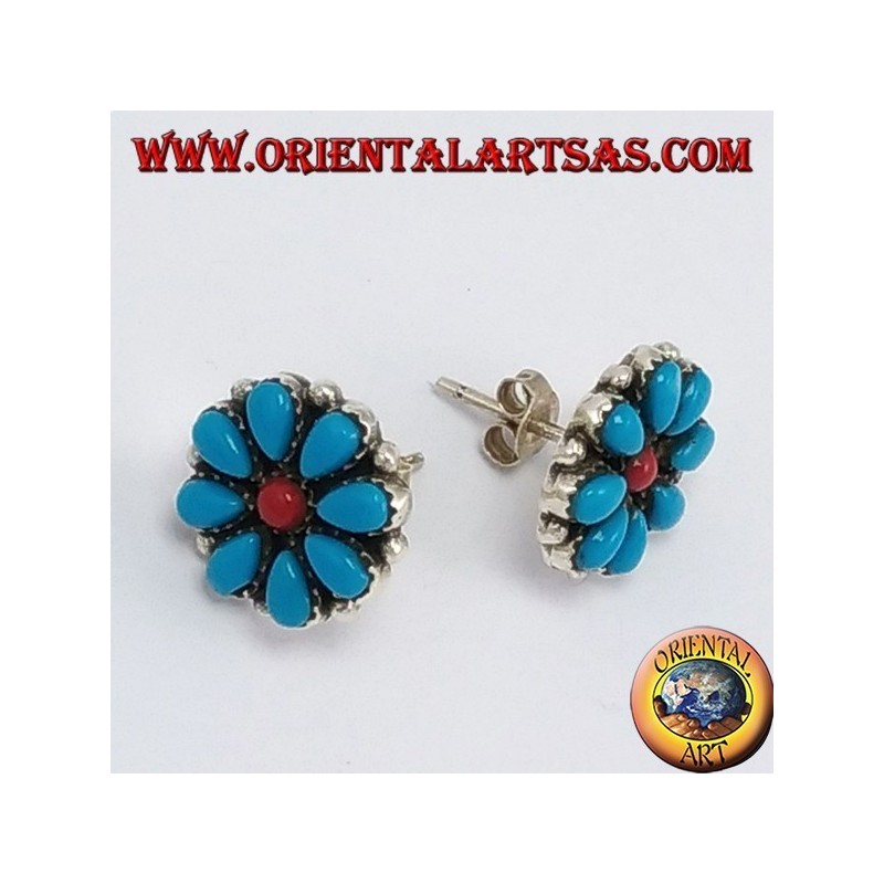 Boucles d'oreilles argent lobe, pétales de marguerite en turquoise et le corail central