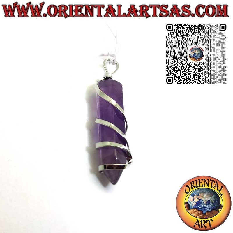 Natural Amethyst Point Hexagonal Wire-Wrapped Pendant | Oriental Art