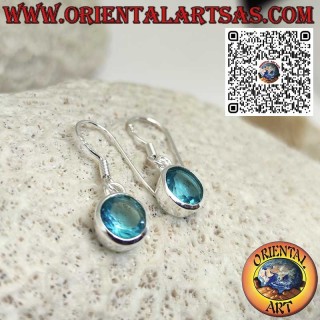 Round Blue Topaz Silver Earrings with Simple Edge