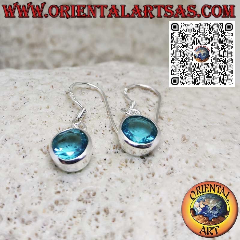 Round Blue Topaz Silver Earrings with Simple Edge