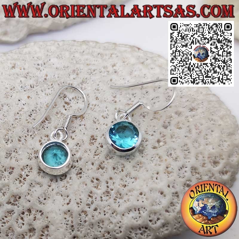 Round Blue Topaz Silver Earrings with Simple Edge