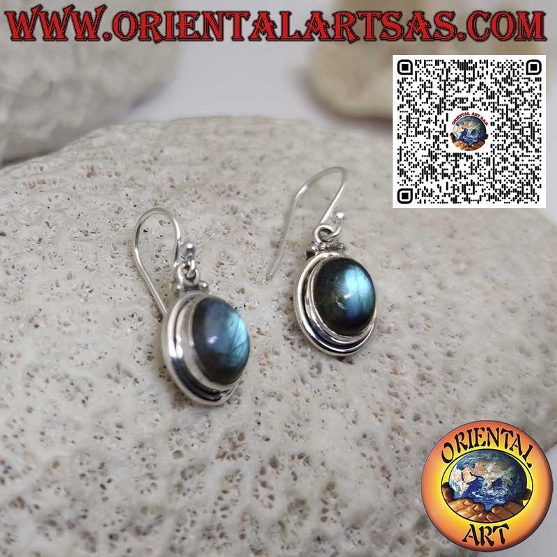 Pendientes de plata con labradorita ovalada natural y borde anillado