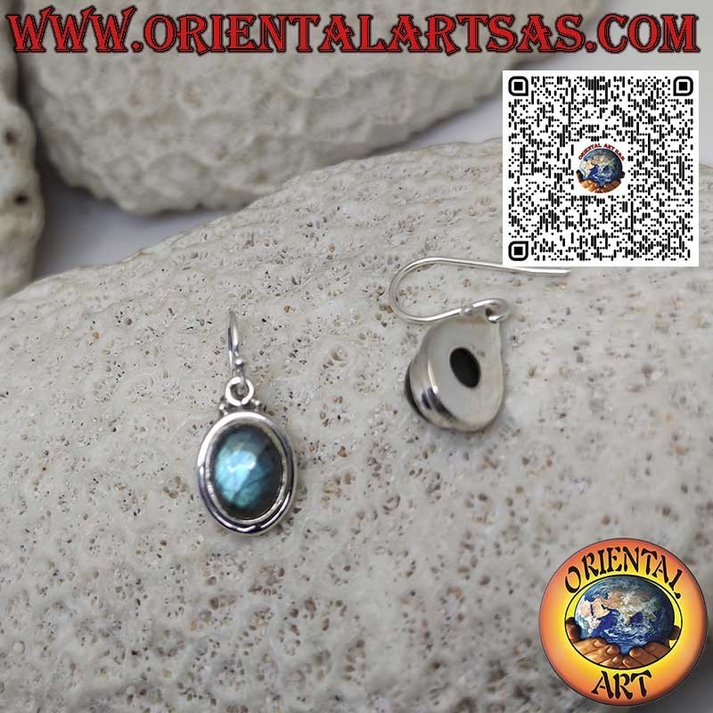Boucles d'oreilles en argent avec labradorite ovale naturelle, bord annulaire