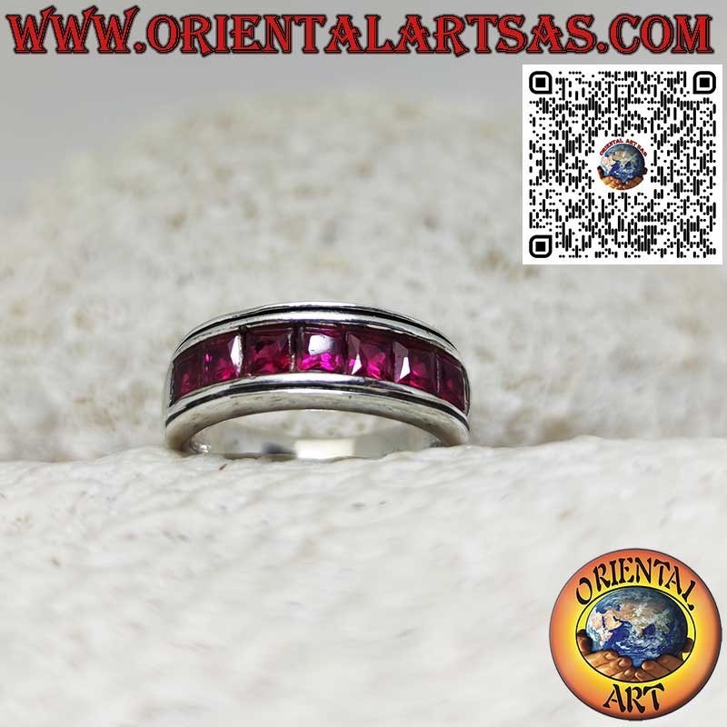 Rhodium-plated silver band ring with a row of square garnets
