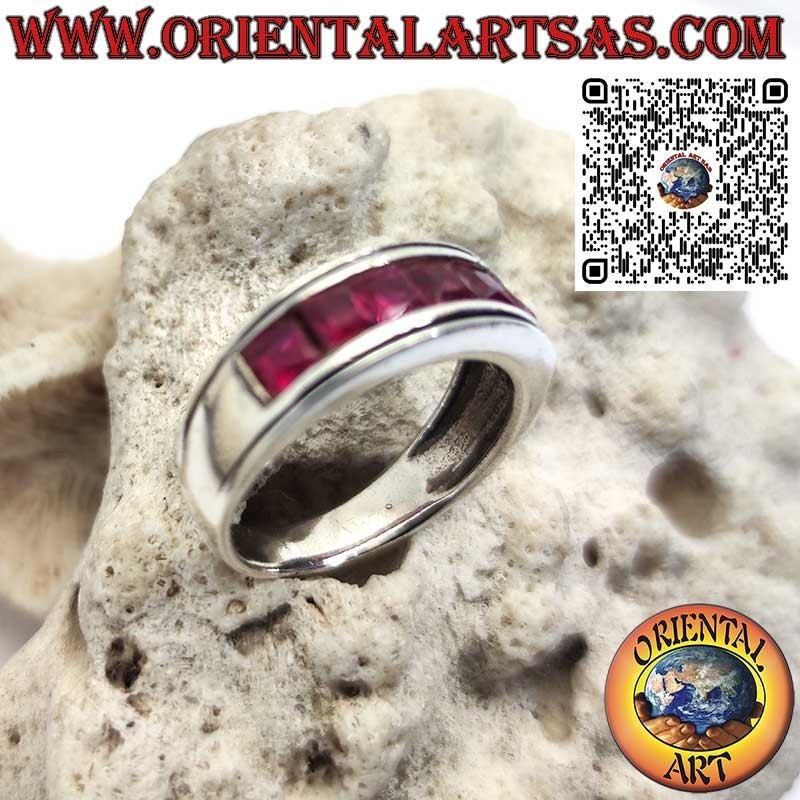 Rhodium-plated silver band ring with a row of square garnets