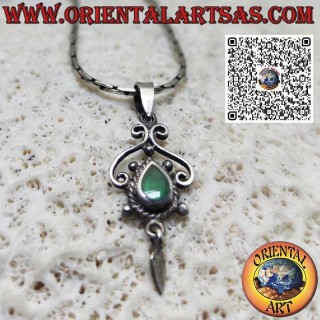 Silver pendant with drop-shaped green agate, baroque setting and pendant